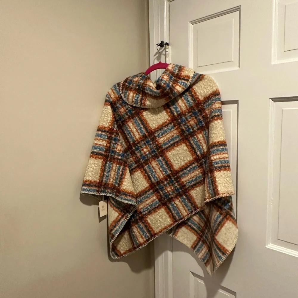 Women's Cape in Cream, Blue, and Orange/Caramel Plaid